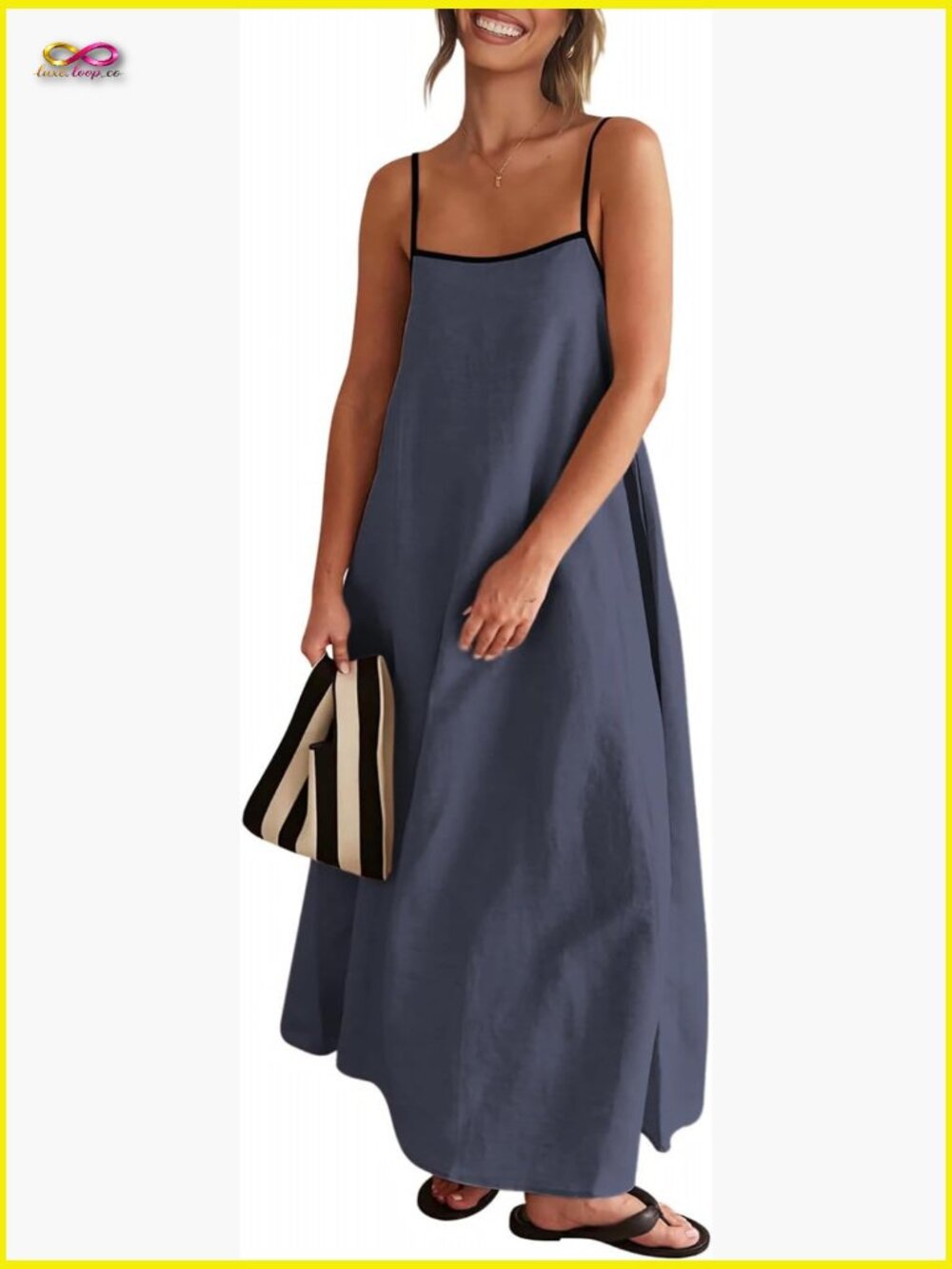 Linen Maxi Dress Spaghetti Strap Sleeveless Flowy Beach Sundress Casual Summer